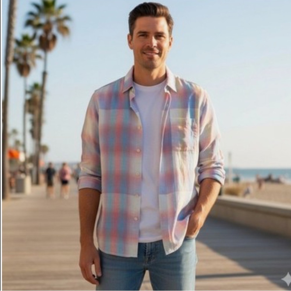 Tommy Bahama Linen Blue and Pink Plaid Button-Down Shirt size medium
